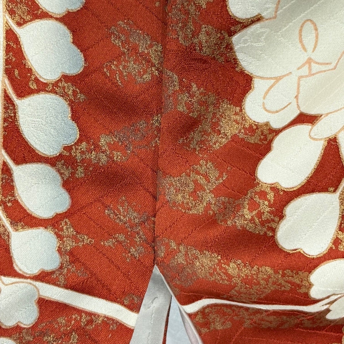 振袖 身丈166cm 裄丈66cm M 袷 扇 藤 金糸 金彩 朱色 正絹 秀品｜中古