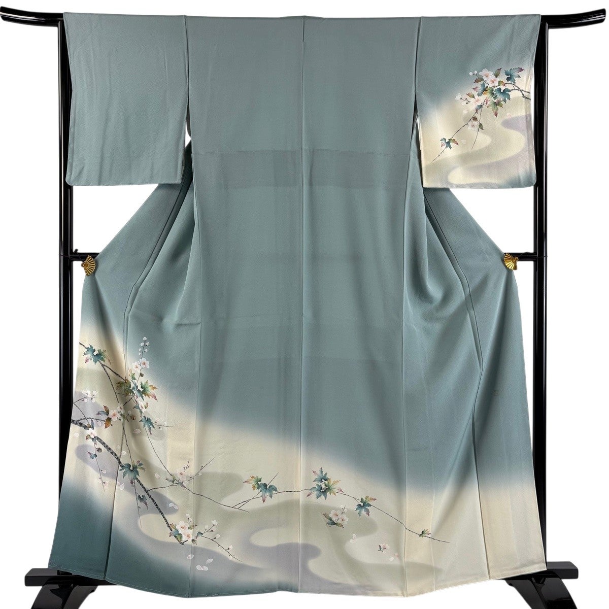 訪問着 身丈161.5cm 裄丈65cm M 袷 落款あり 枝花 霞 螺鈿 金彩 薄緑