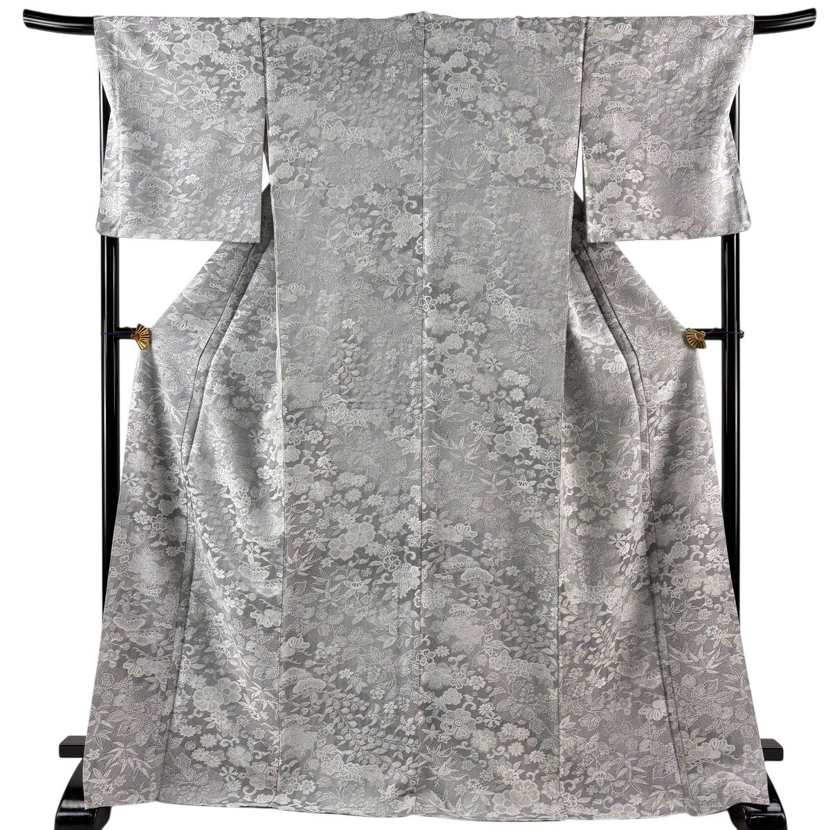 美品】 小紋 身丈170cm 裄丈68cm L 袷 紋意匠 草花 笠松 灰色 正絹