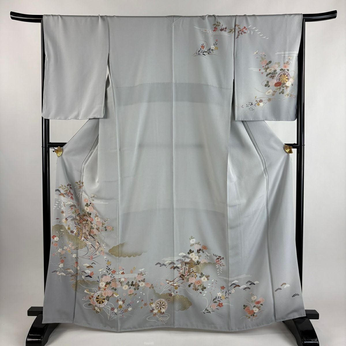 訪問着 身丈165cm 裄丈67cm M 袷 御所車 松竹梅 金彩 ぼかし 灰色 正絹