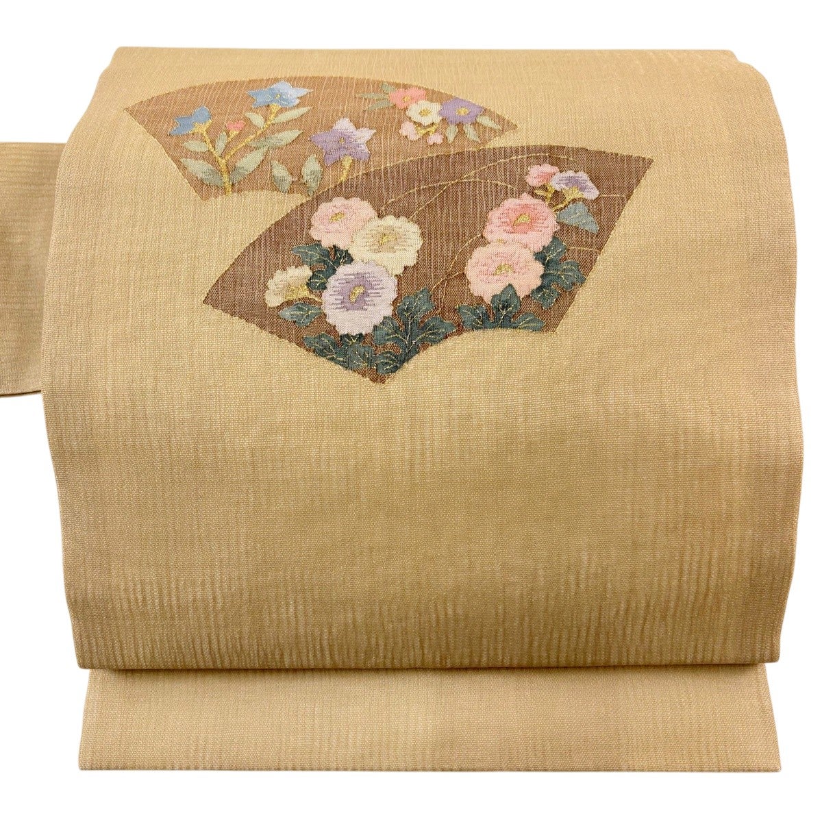 美品】 名古屋帯 秀品 夏帯 扇面 草花 金糸 刺繍 薄茶色 正絹｜中古