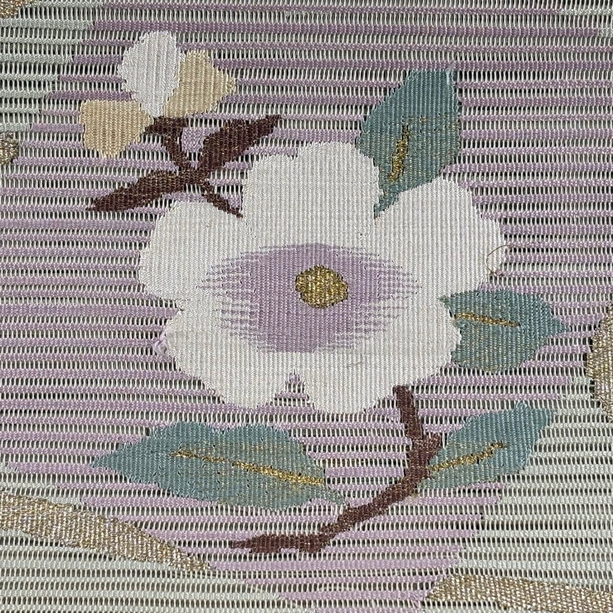 美品】 名古屋帯 秀品 夏帯 絽 八寸名古屋帯 色紙 草花 金銀糸 薄緑