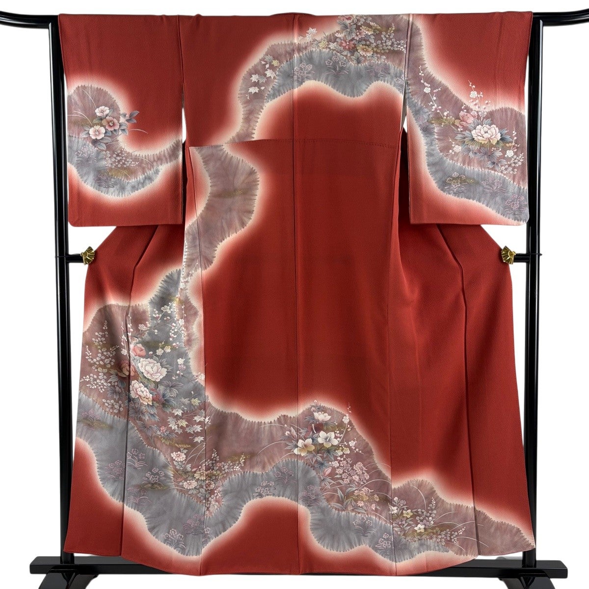 訪問着 身丈156cm 裄丈65cm M 袷 草花 霞 金彩 絞り 茜色 正絹 秀品
