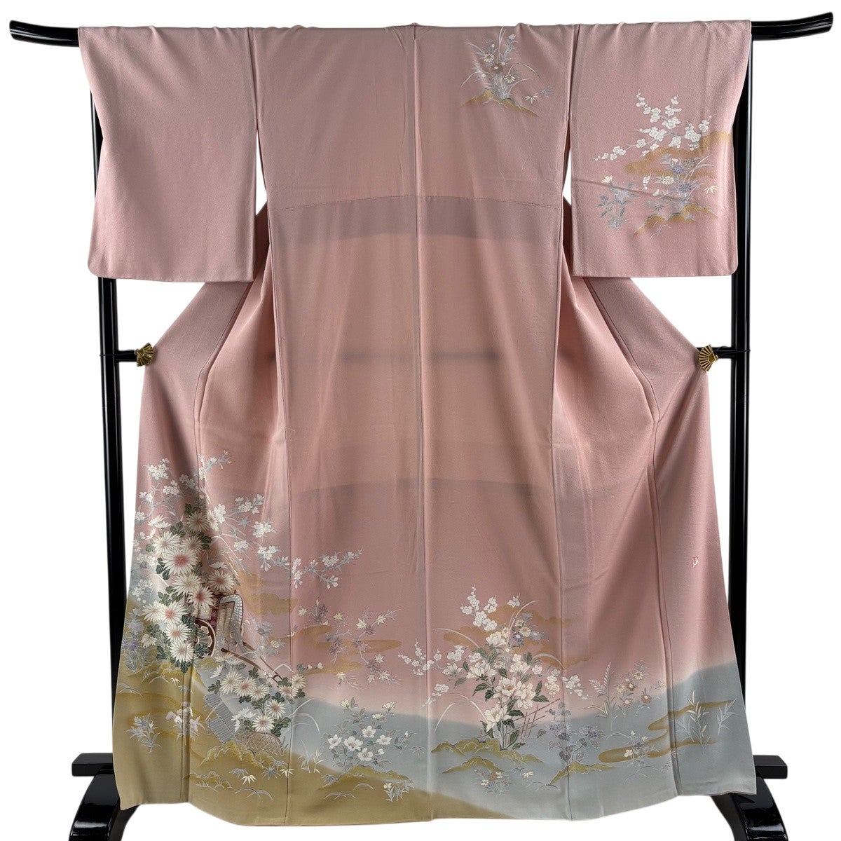 訪問着 身丈167cm 裄丈68cm L 袷 落款あり 草花 御所車 金彩 薄ピンク