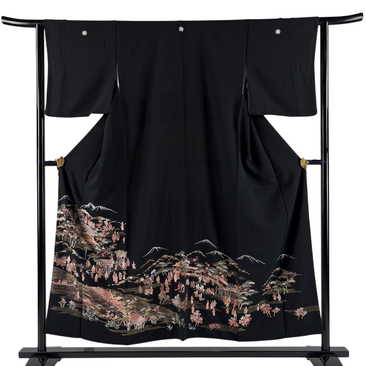 黒留袖 身丈152cm 裄丈62cm S 袷 風景 人物 刺繍 金糸 黒 正絹 秀品