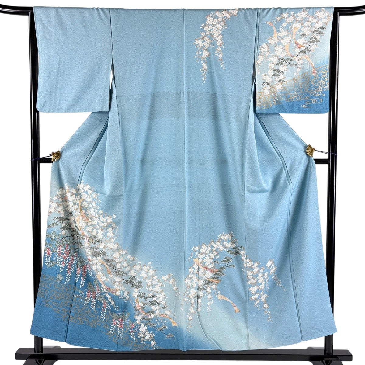 訪問着 身丈154cm 裄丈64cm M 袷 松 観世水 金彩 染め分け 水色 正絹