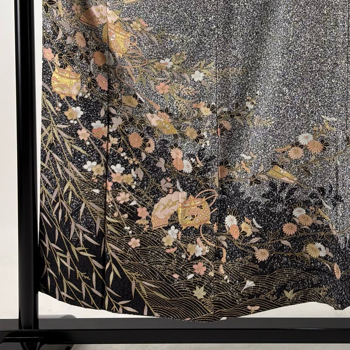 美品】 訪問着 身丈154cm 裄丈60.5cm S 袷 糸巻き 扇 金彩 染め分け 黒