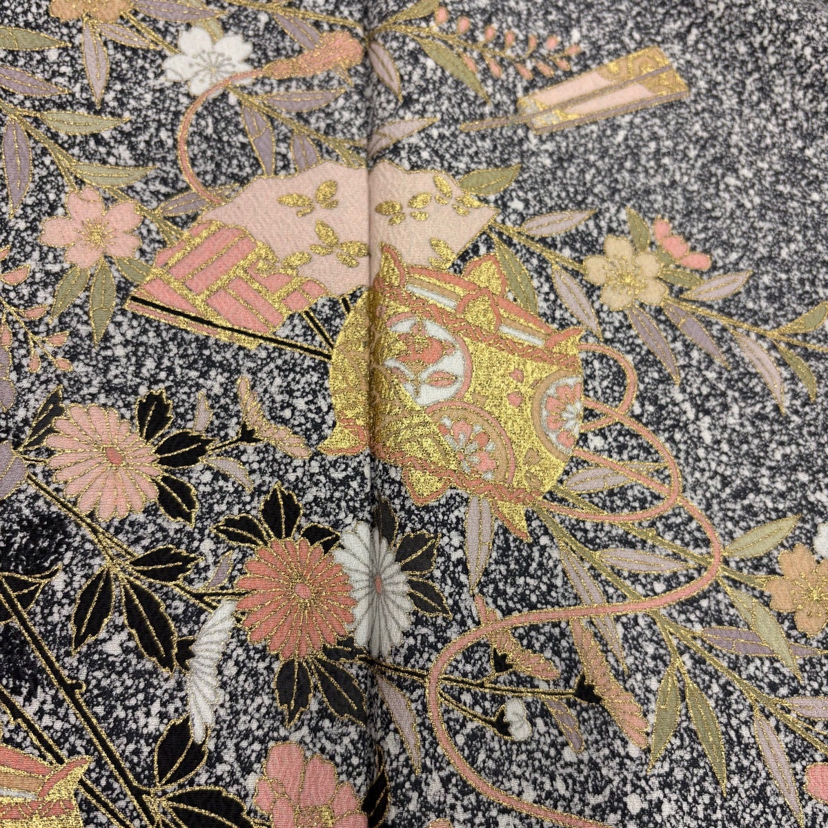 美品】 訪問着 身丈154cm 裄丈60.5cm S 袷 糸巻き 扇 金彩 染め分け 黒