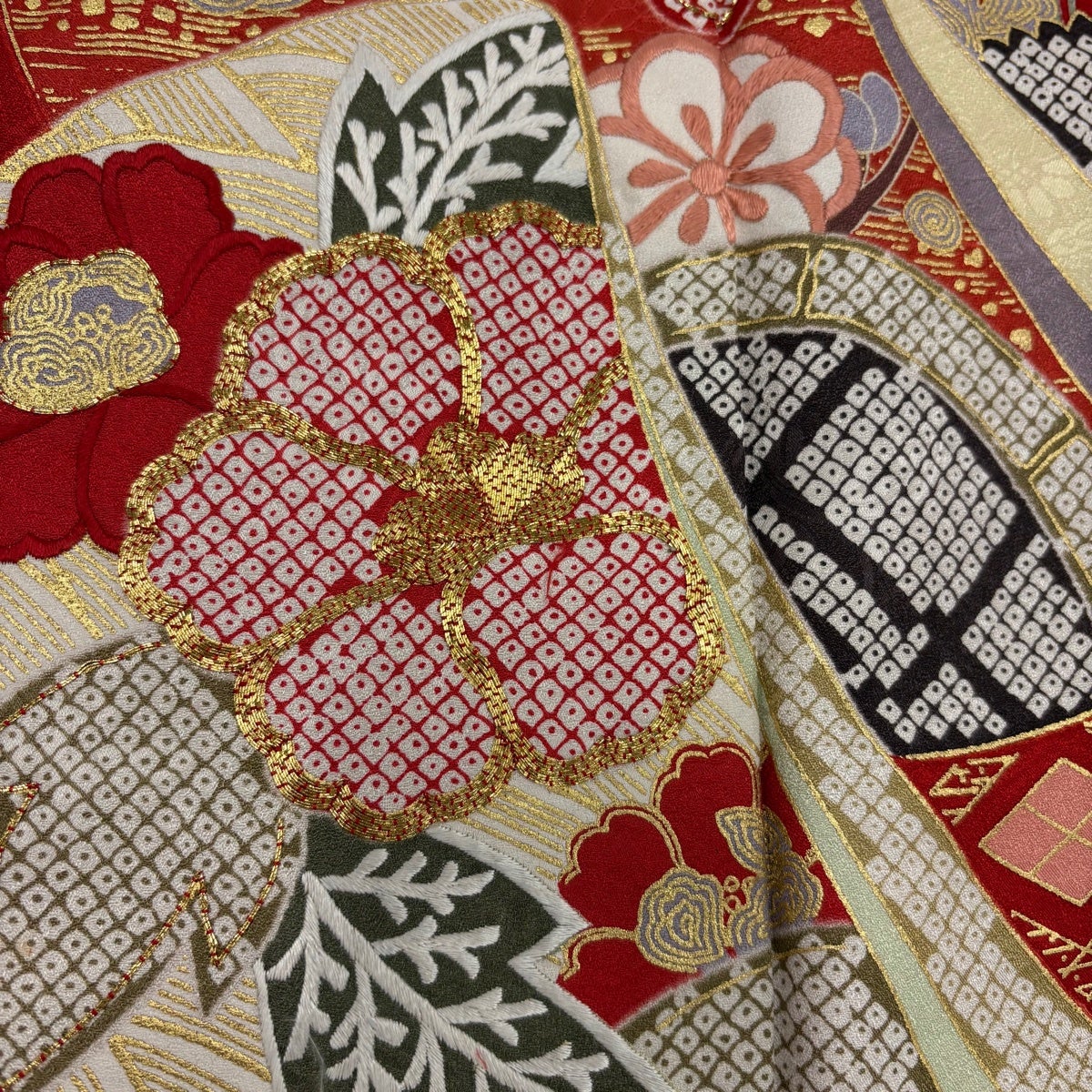 美品】 振袖 身丈171cm 裄丈69cm L 袷 誰ヶ袖 草花 金糸 絞り 赤 正絹