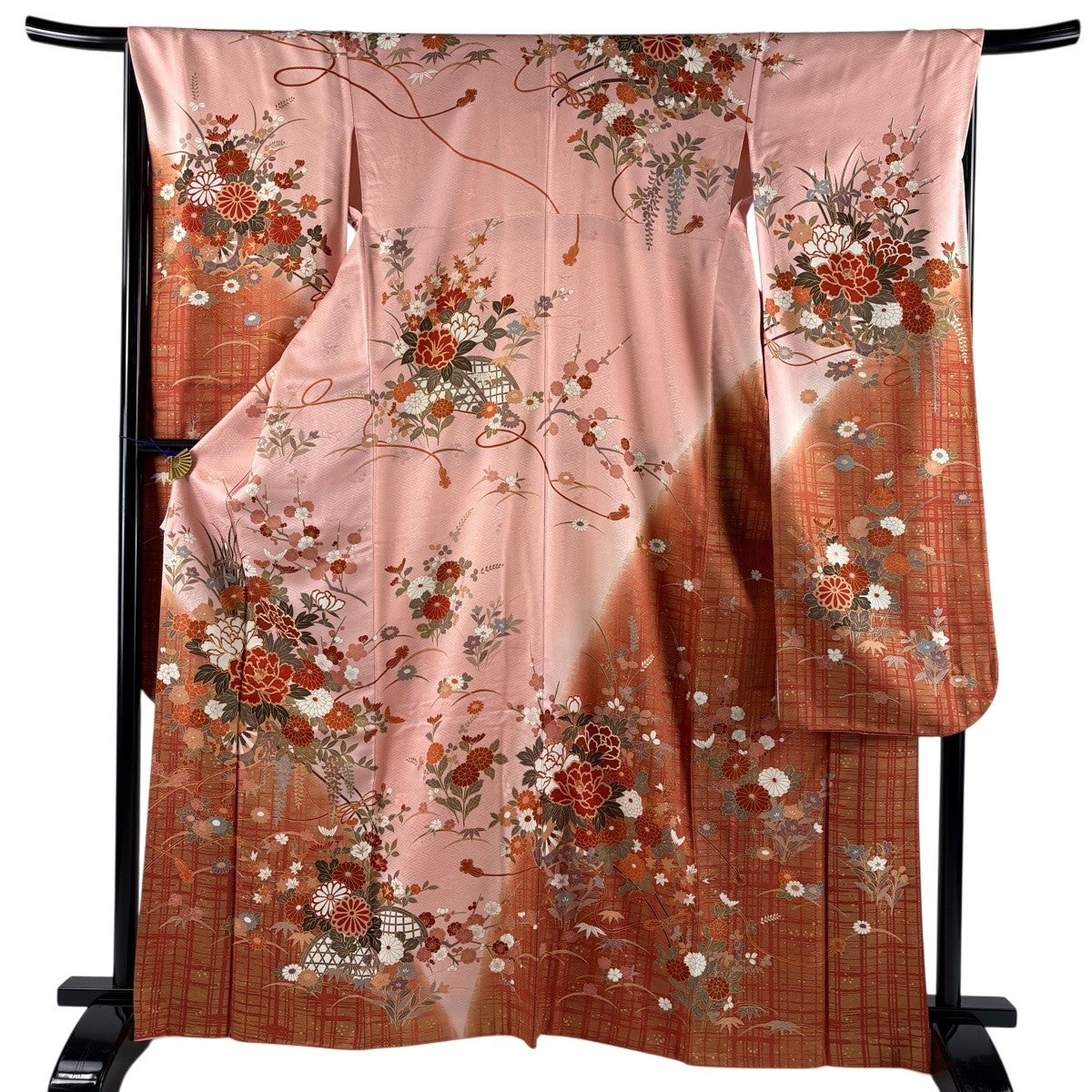 振袖セット　淡い花　身丈151 振袖 身丈165.5cm 裄丈67cm M 袷 花車 枝花 金糸 金彩 ピンク 正絹 秀
