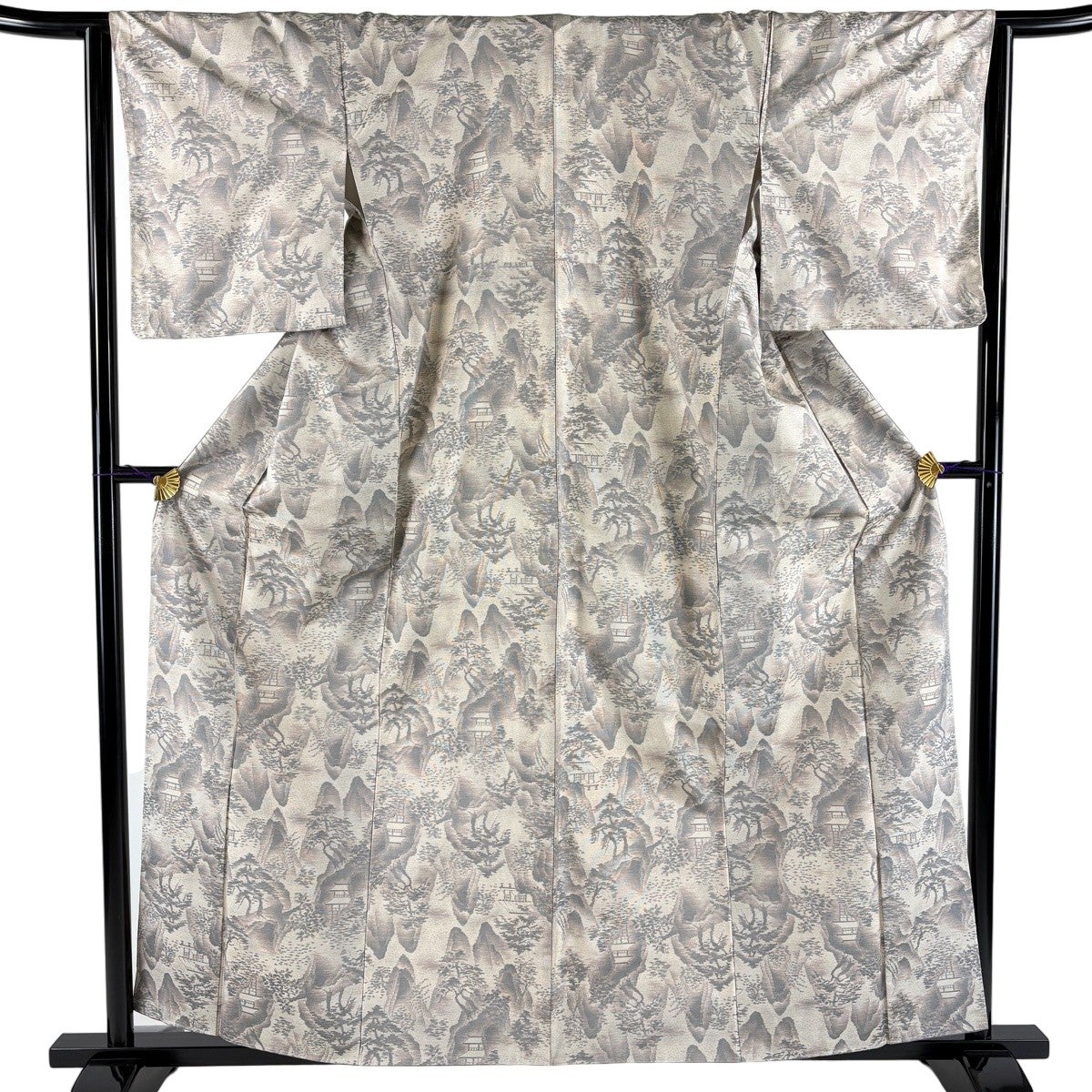 未使用美品 大島紬 一元式染 丈160.5 裄68 美品】 大島紬 身丈159.5cm 裄丈63cm S 袷 証紙あり 建物 松 灰紫 正絹