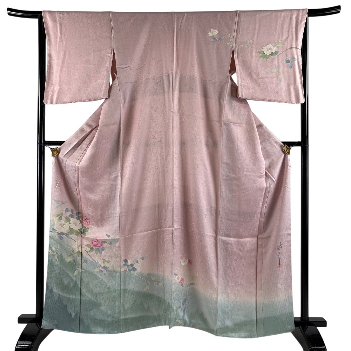 訪問着 身丈163.5cm 裄丈64.5cm M 袷 二代目清次郎 落款あり 枝花 地紋