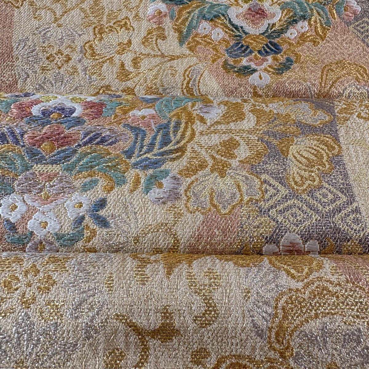 袋帯 秀品 草花 幾何学模様 金銀糸 箔 ベージュ 六通 正絹｜中古・古着