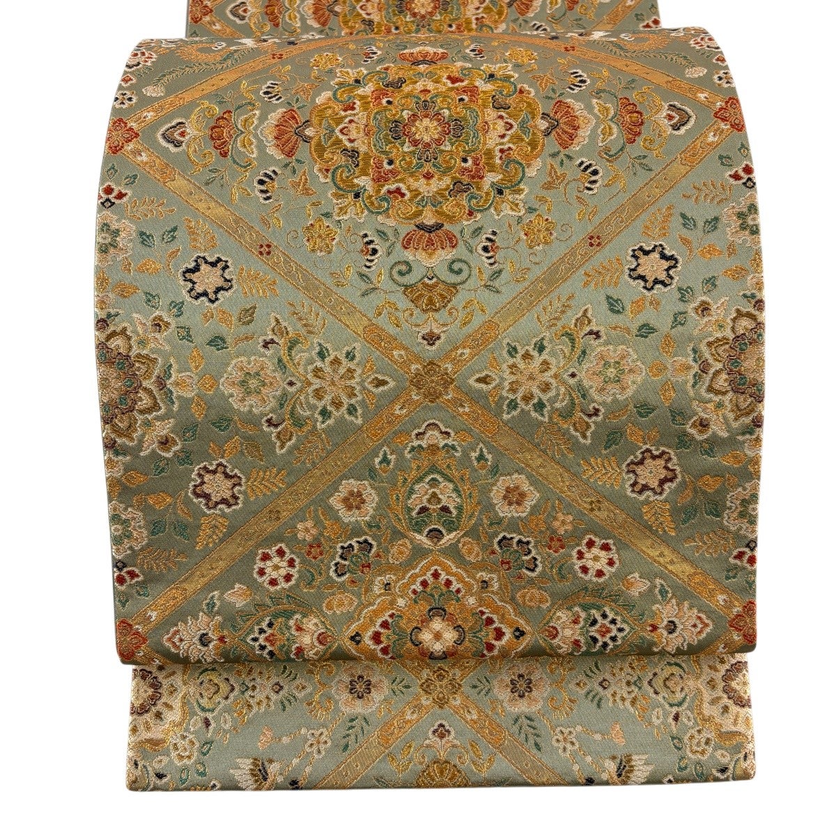 美品】 袋帯 秀品 格天井 華文 金糸 箔 灰緑 六通 正絹｜中古・古着