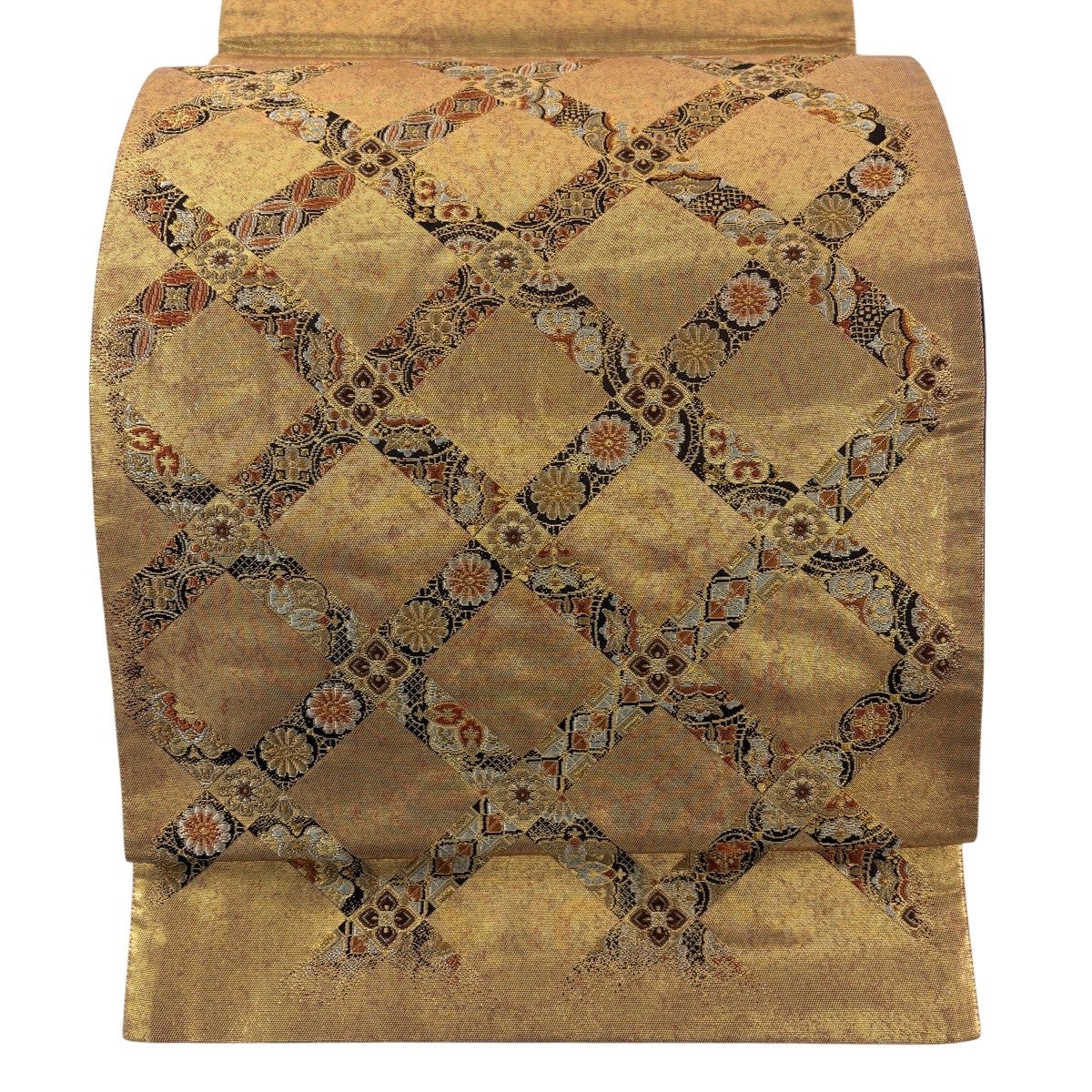 美品】 袋帯 秀品 斜め格子 華文 金糸 箔 金色 お太鼓柄 正絹｜中古