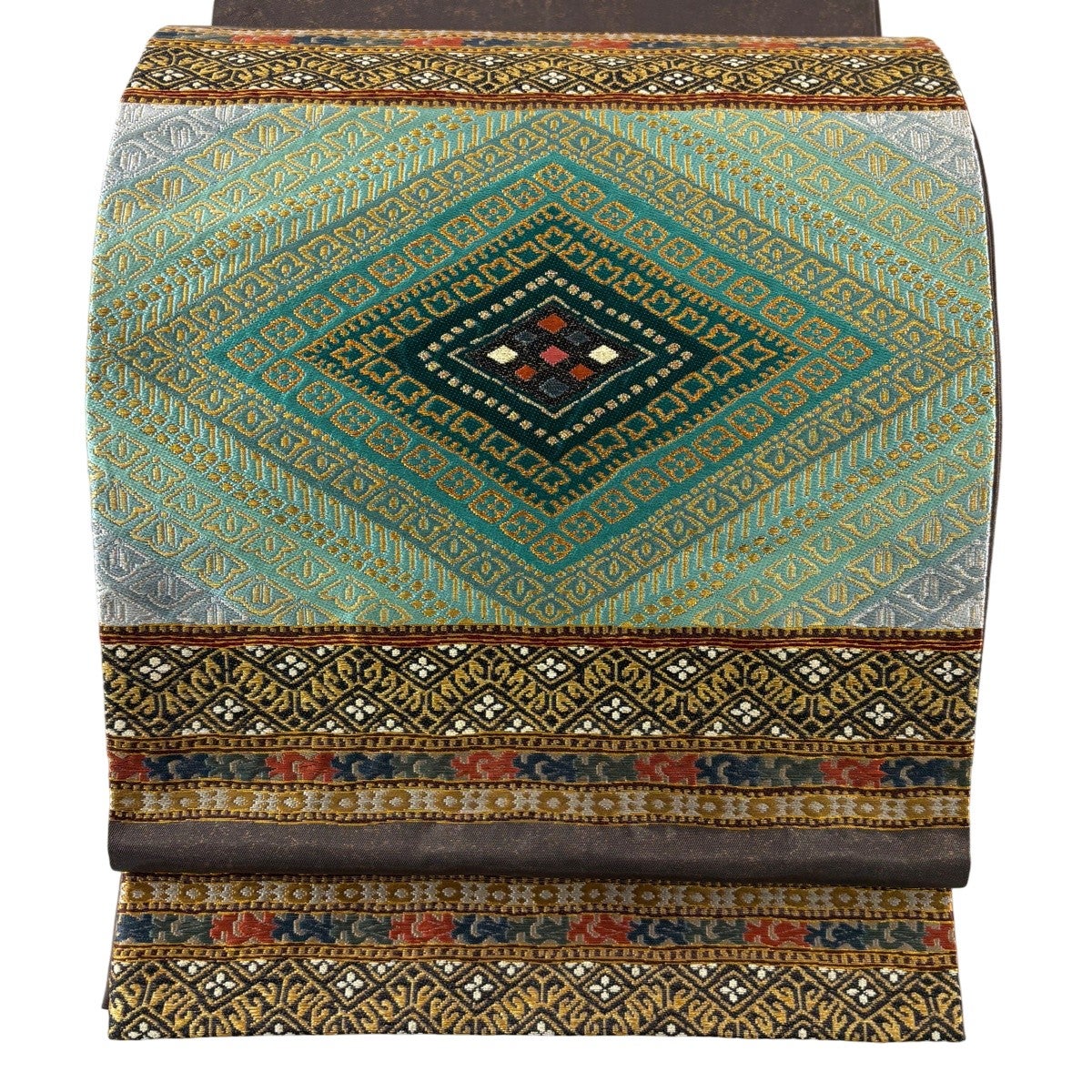 美品】 袋帯 秀品 イカット菱文 段縞 金銀糸 刺繍 焦茶色 お太鼓柄