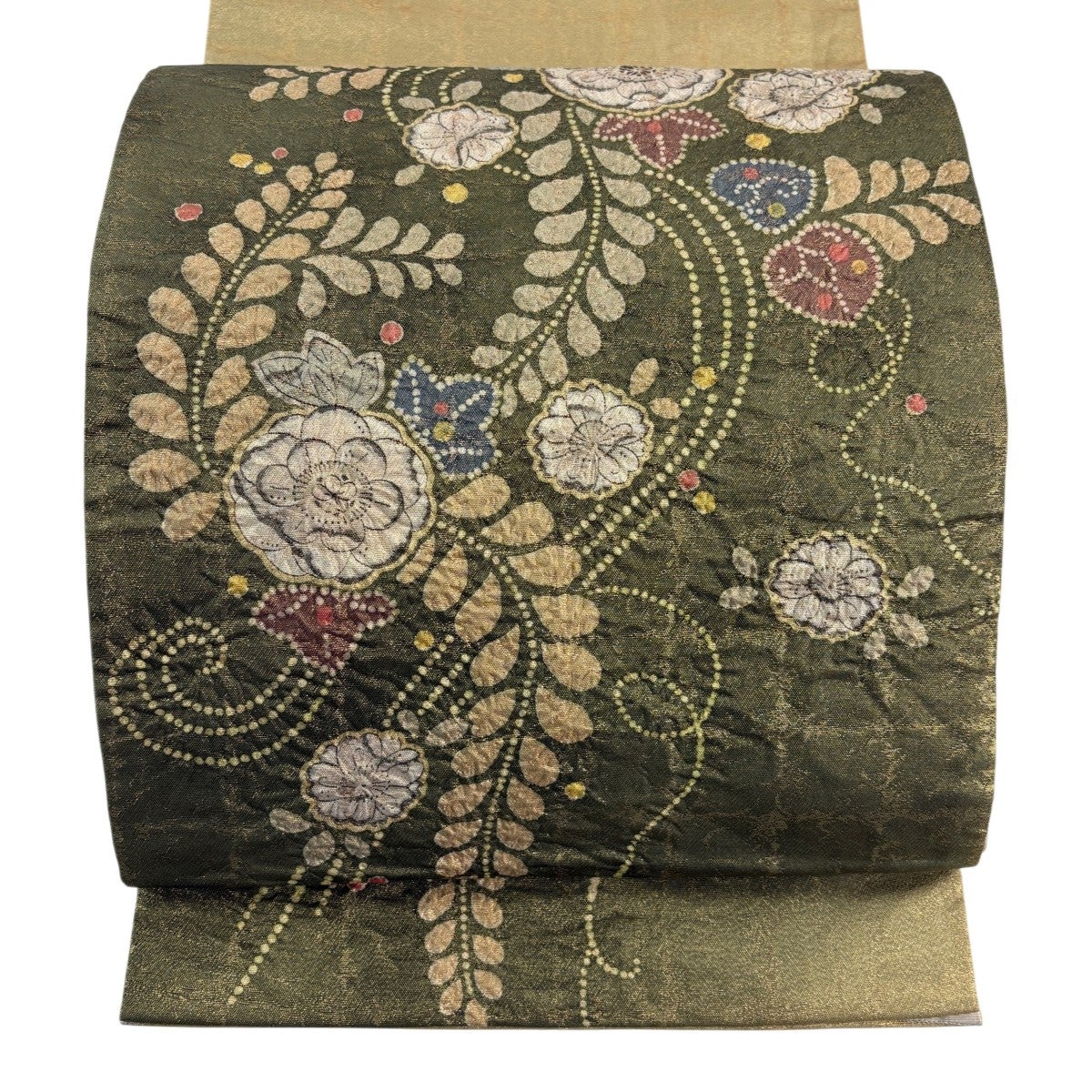 美品】 袋帯 秀品 辻が花柄 金糸 箔 茶緑色 お太鼓柄 正絹｜中古・古着