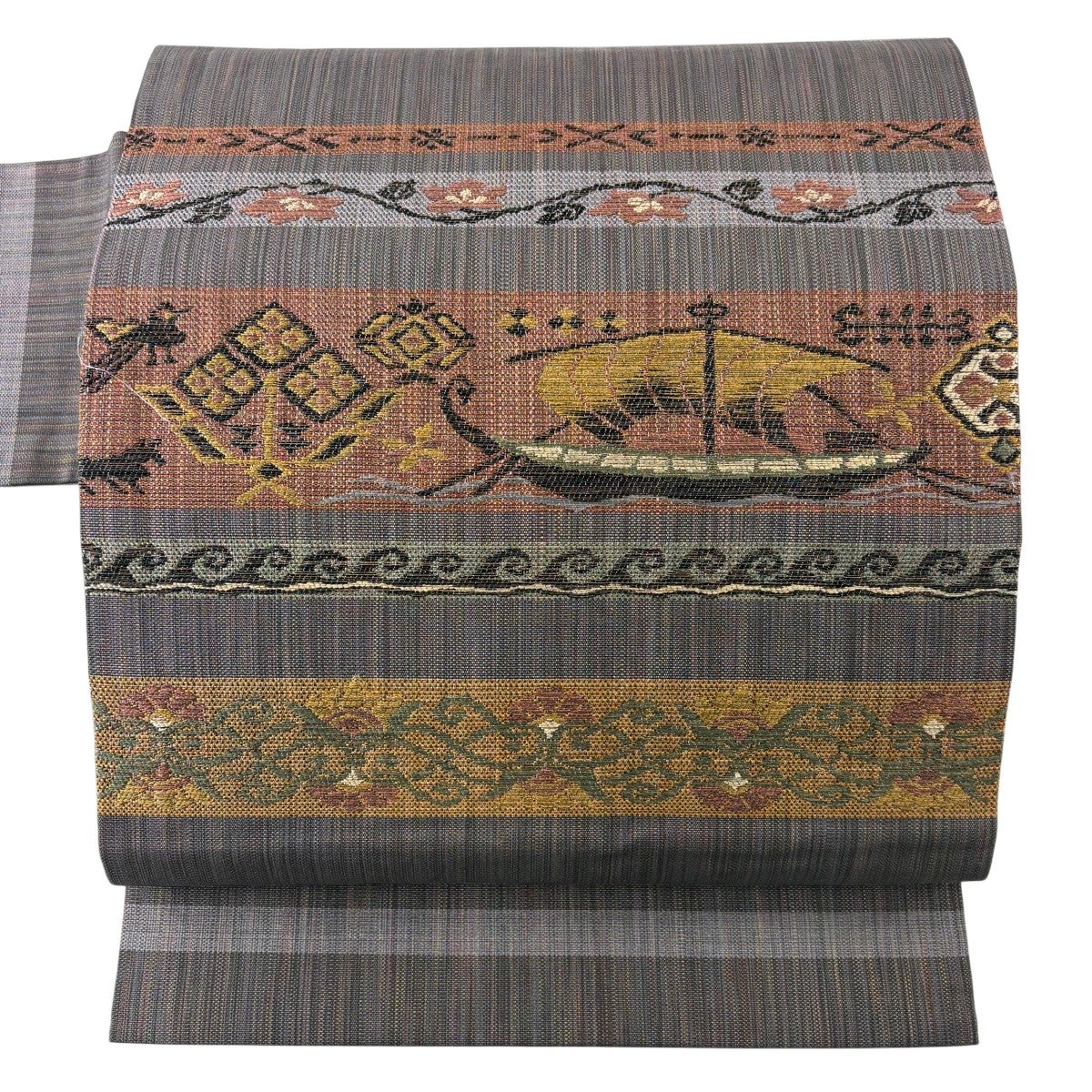 美品】 名古屋帯 秀品 船 花鳥 金糸 灰紫 正絹｜中古・古着