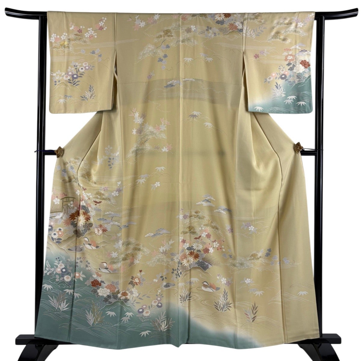 訪問着 身丈161cm 裄丈66cm M 袷 扇 草花 刺繍 銀糸 黄土色 正絹 秀品