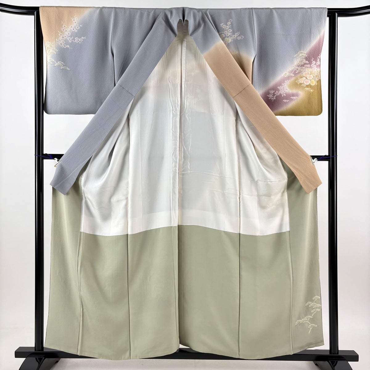 訪問着 身丈157.5cm 裄丈61.5cm S 袷 松竹梅 桜 金彩 染め分け 青灰色