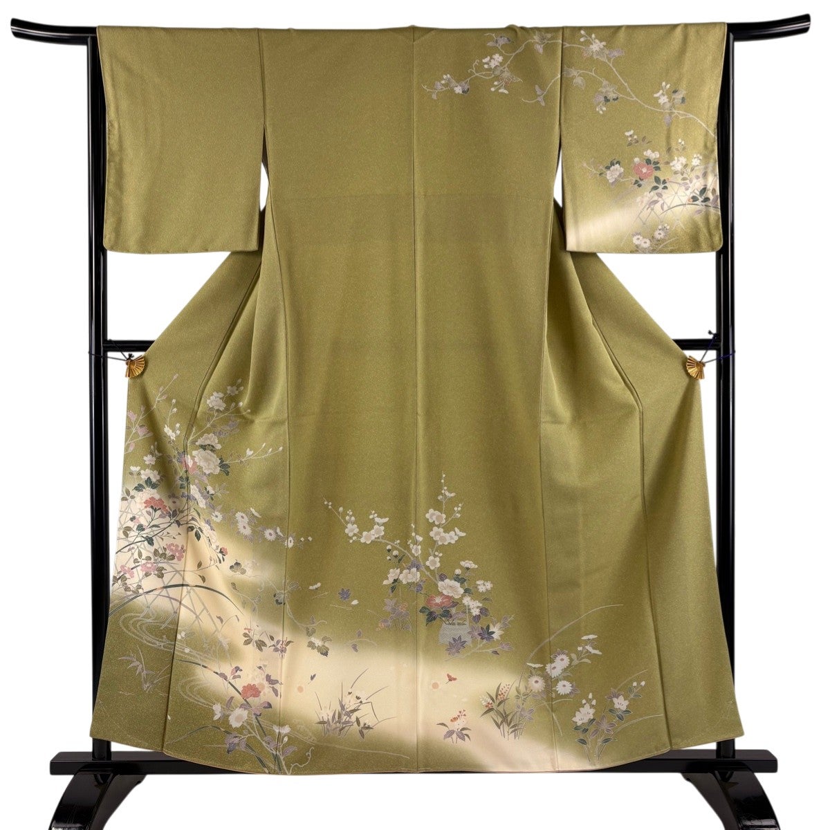 訪問着 身丈158.5cm 裄丈63.5cm S 袷 草花 金彩 抹茶色 正絹 秀品