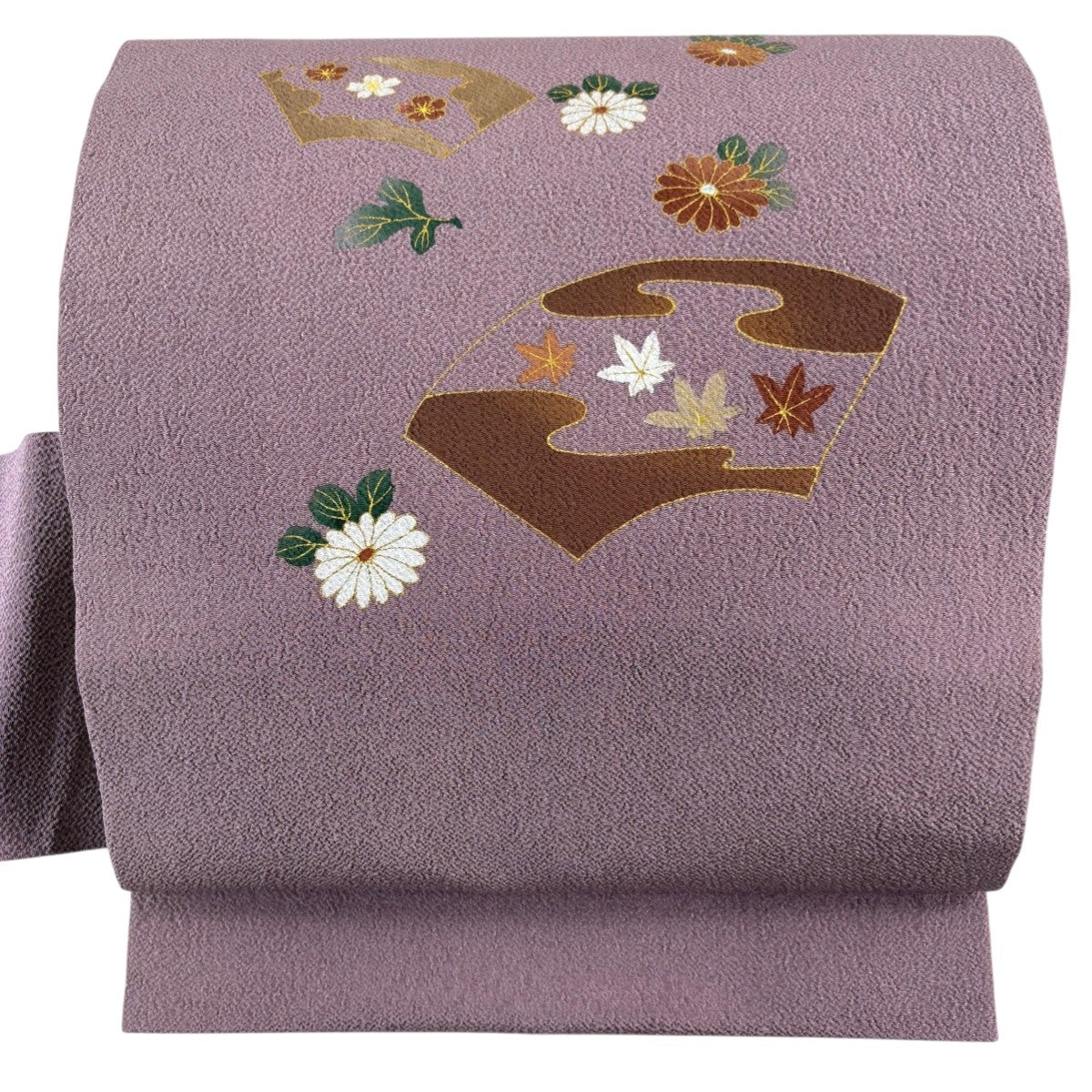 ★正絹★美品★金地に菊柄★名古屋帯★ 名古屋帯 秀品 扇面 菊 金彩 縮緬 灰紫 正絹｜中古・古着・リサイクル