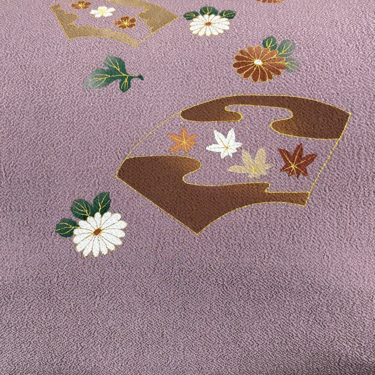 名古屋帯 秀品 扇面 菊 金彩 縮緬 灰紫 正絹｜中古・古着・リサイクル
