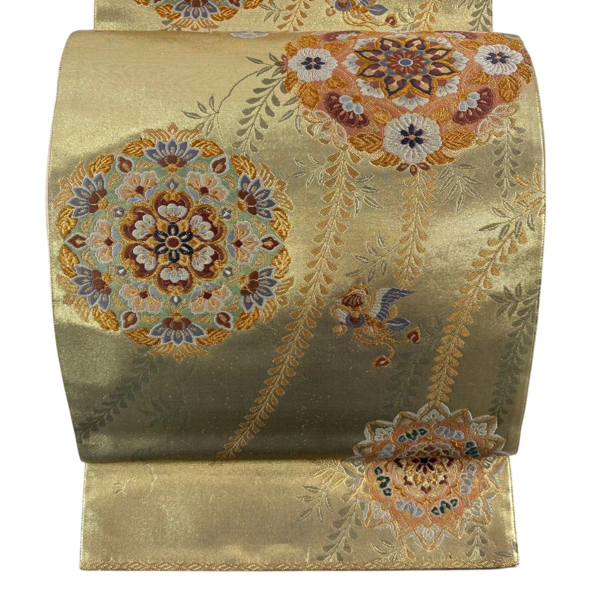正絹　袋帯　花食鳥　金銀糸 袋帯 秀品 向かい鳥 花鳥 金銀糸 箔 金色 六通 正絹｜中古・古着