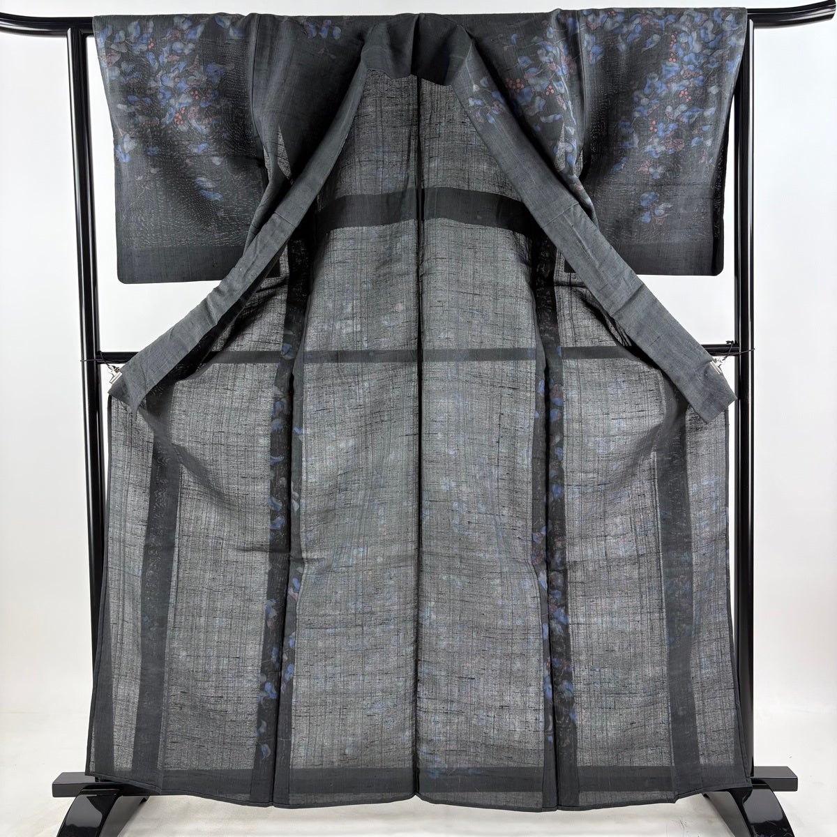 訪問着 身丈163.5cm 裄丈63cm S 薄物 夏紬地 葉と実 墨色 正絹 秀品