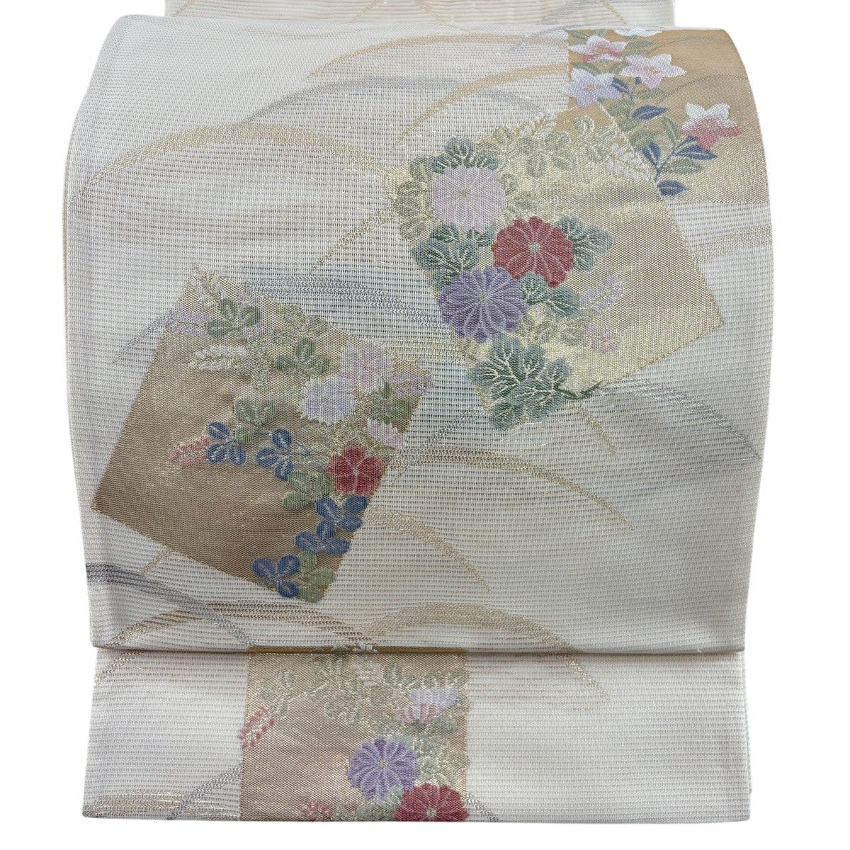 袋帯 秀品 夏帯 松 菊 金銀糸 クリーム 六通 正絹｜中古・古着