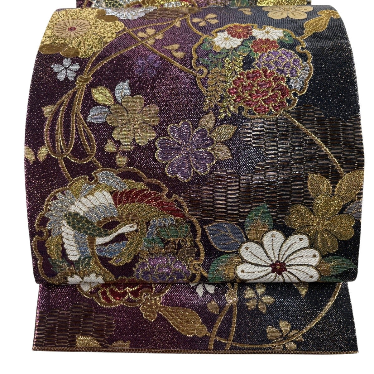 美品】 袋帯 秀品 花鳥 華文 刺繍 箔 赤茶 六通 正絹｜中古・古着
