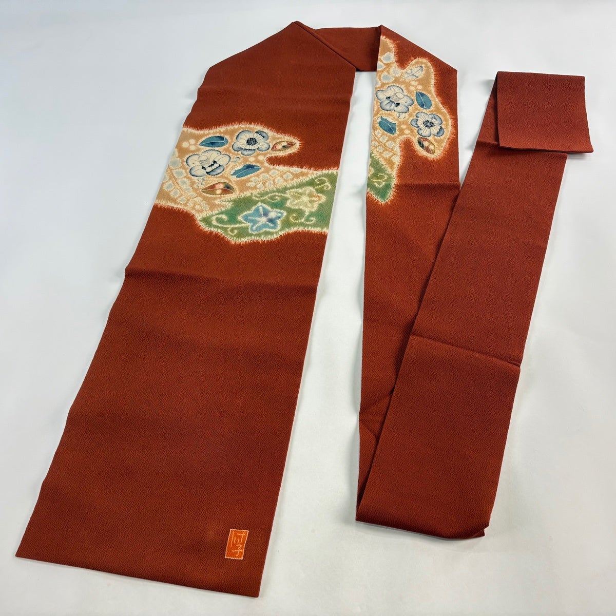 名古屋帯 秀品 落款あり 辻ヶ花柄 花唐草 縮緬 絞り 赤茶 正絹｜中古
