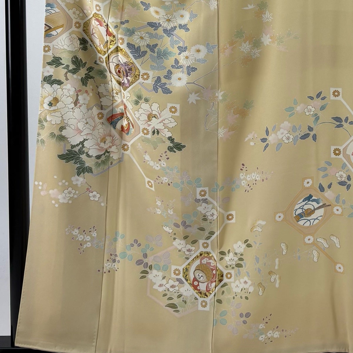 訪問着 身丈158.5cm 裄丈66.5cm M 袷 蜀江文 鼓 金糸 金彩 ベージュ