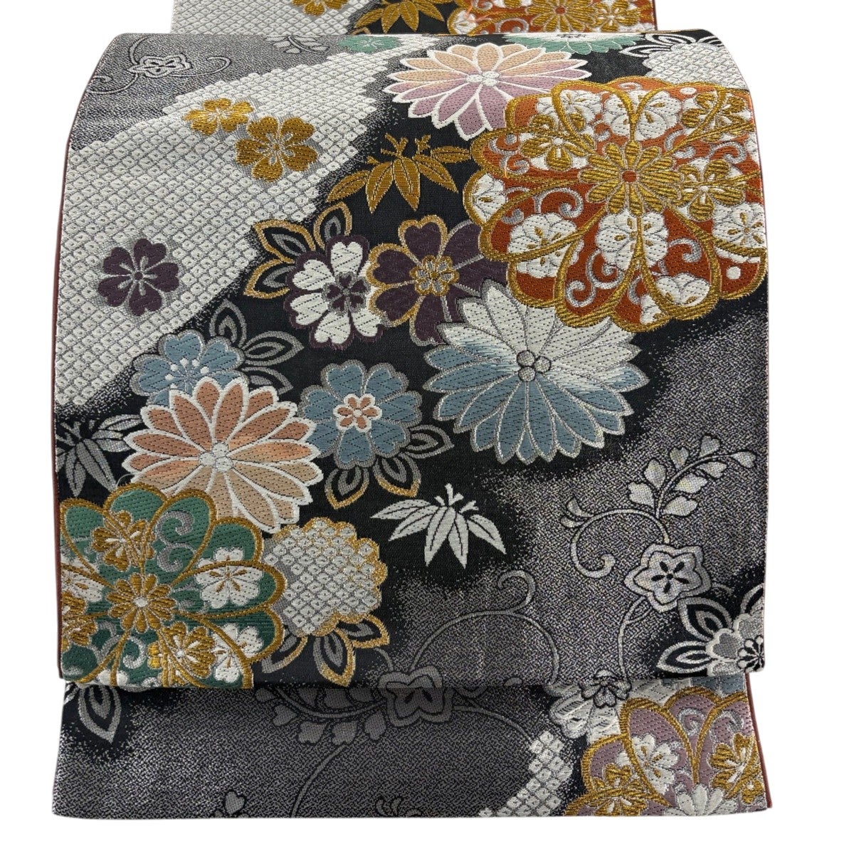 袋帯 秀品 花唐草 草花 金銀糸 刺繍 黒 六通 正絹｜中古・古着