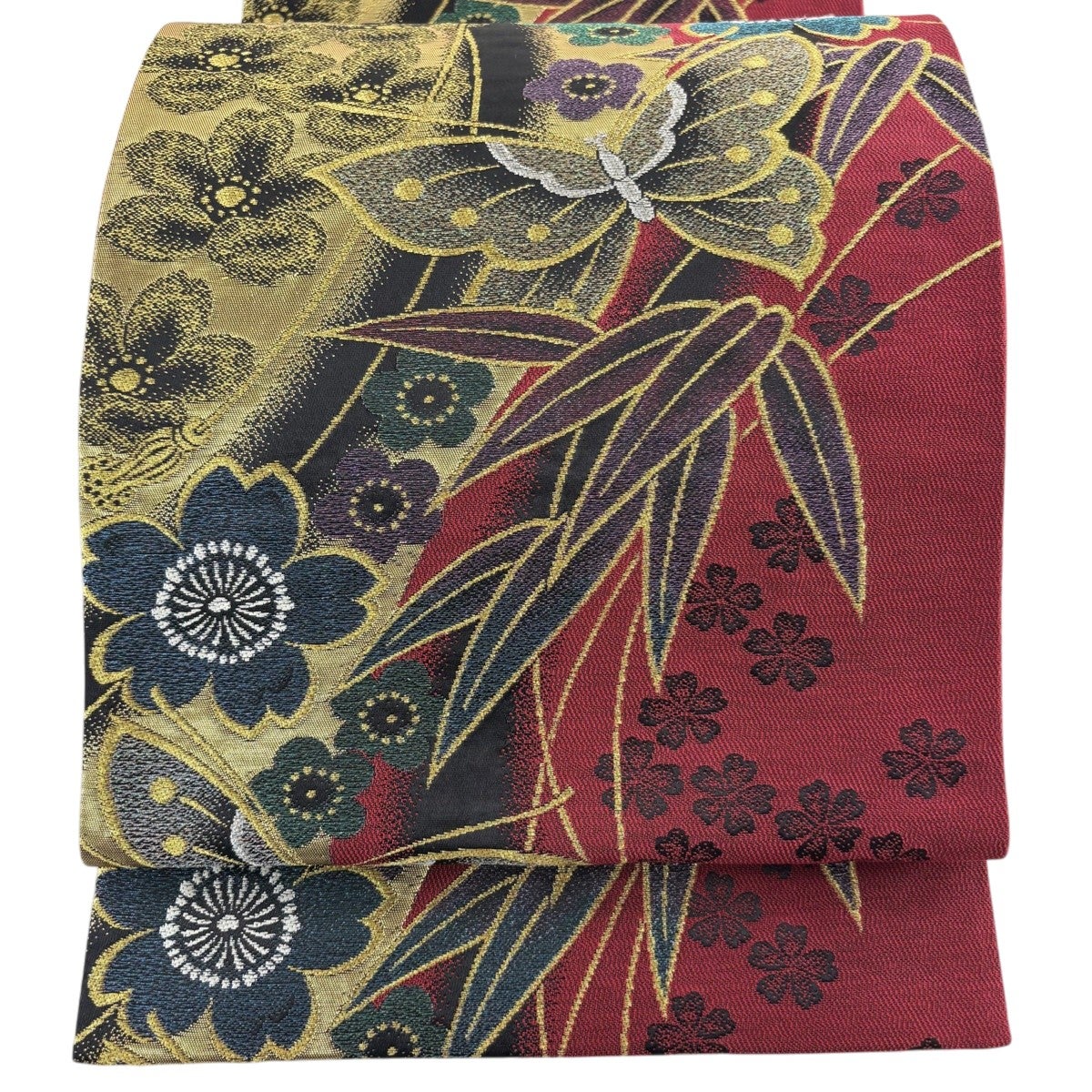 美品】 袋帯 秀品 蝶 桜 金糸 箔 えんじ色 六通 正絹｜中古・古着