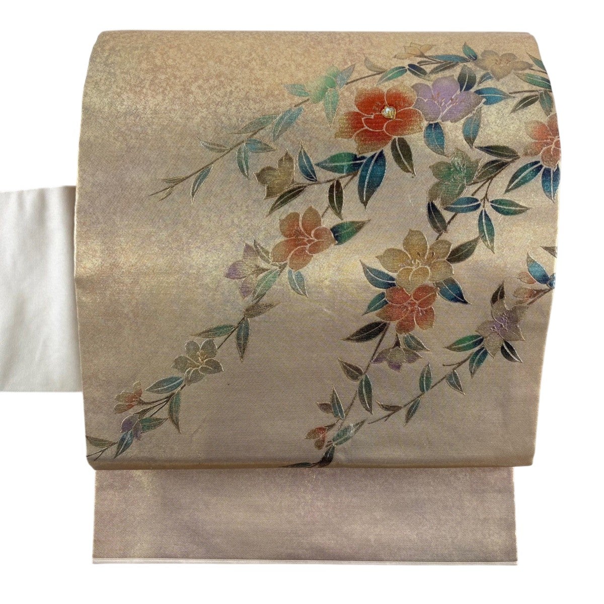 名古屋帯 秀品 花香織 草花 蝶 金彩 刺繍 灰緑 正絹|中古・古着 名古屋帯 秀品 花香織 草花 蝶 金彩 刺繍 灰緑 正絹|中古・古着