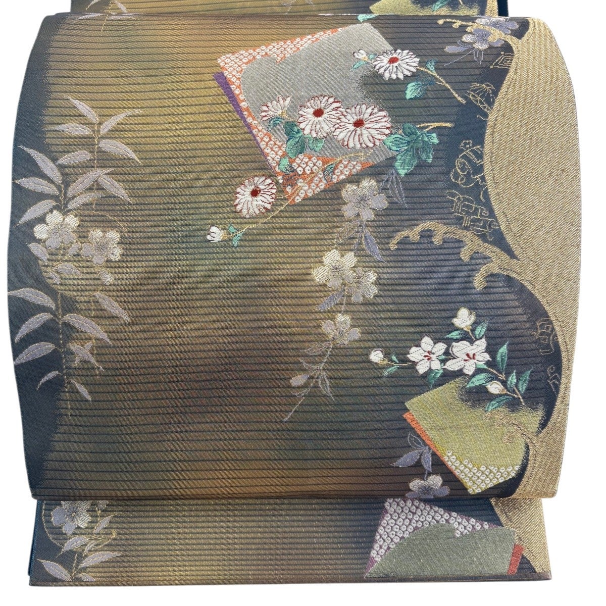 ZY-870 洒落袋帯 草花文様 金糸 グレー 六通 正絹 上質 SO-829 袋帯 六