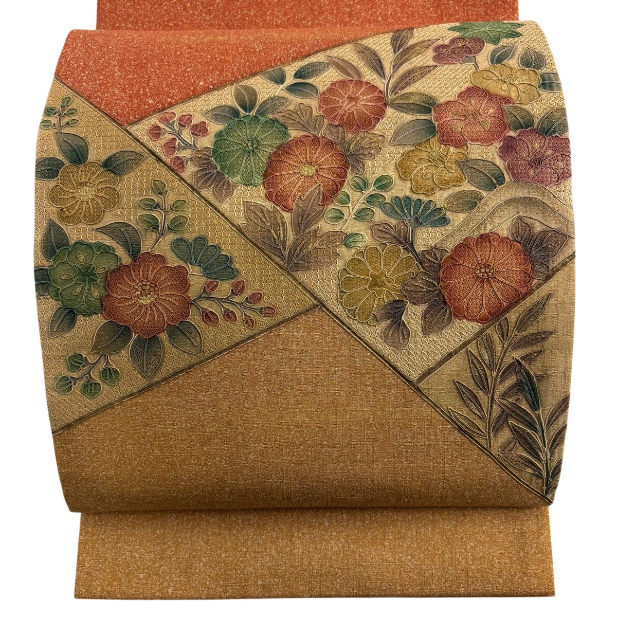 美品】 袋帯 秀品 紬地 菊 草花 刺繍 金彩 薄茶色 お太鼓柄 正絹｜中古