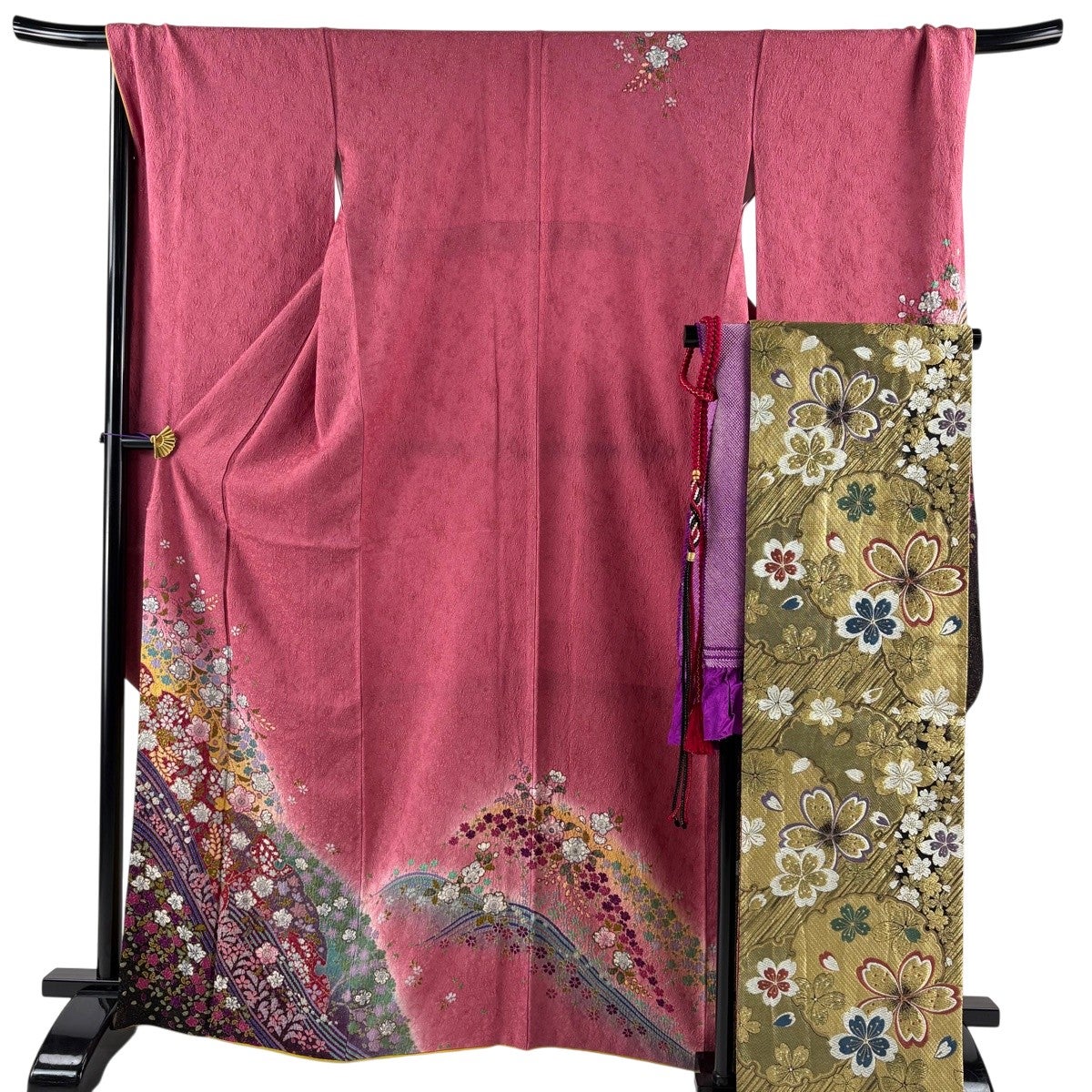 美品】 振袖 身丈166.5cm 裄丈70cm L 袷 袋帯フルセット 草花 雪輪 金