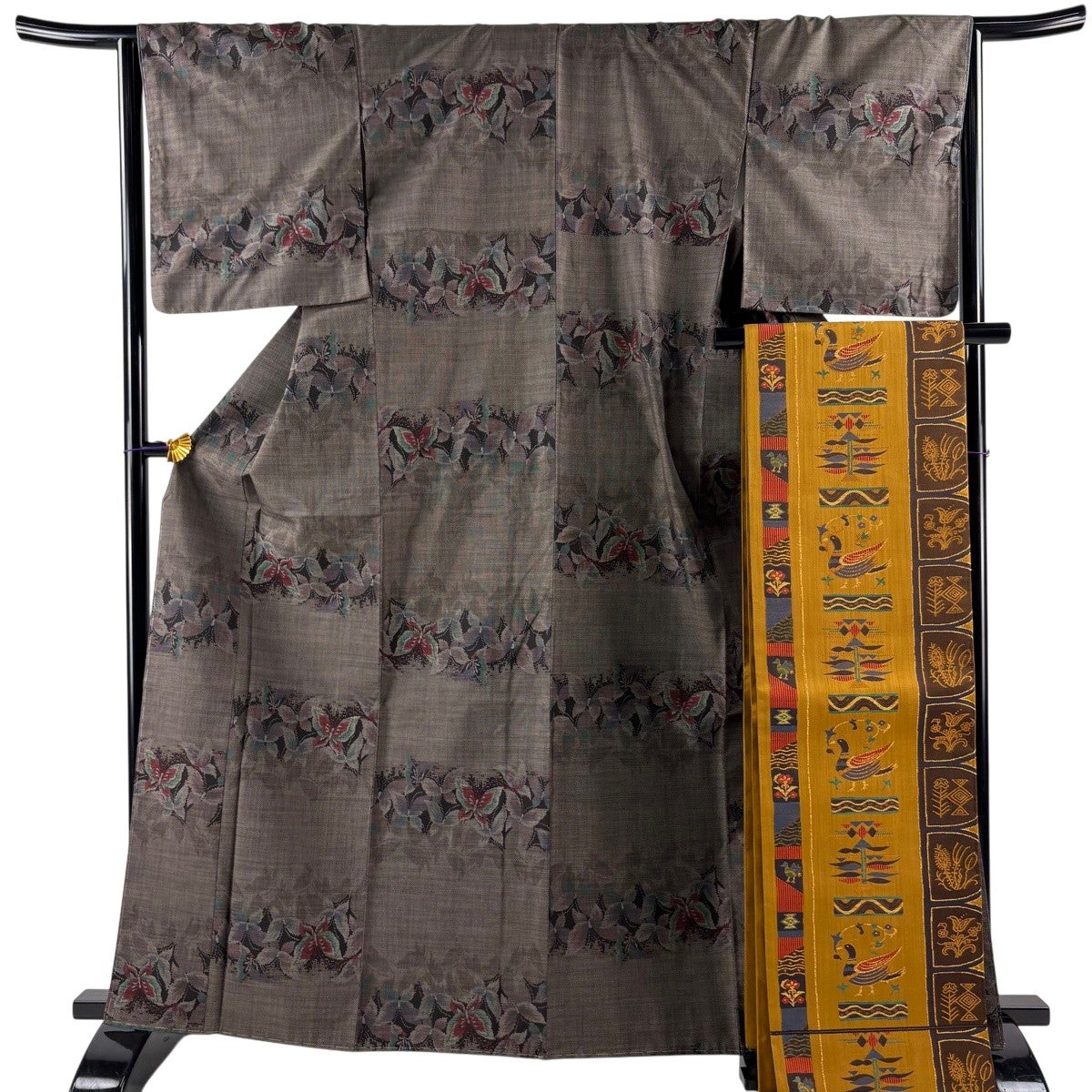 紬 身丈156.5cm 裄丈61.5cm S 袷 袋帯セット 井桁絣 幾何学 焦茶色