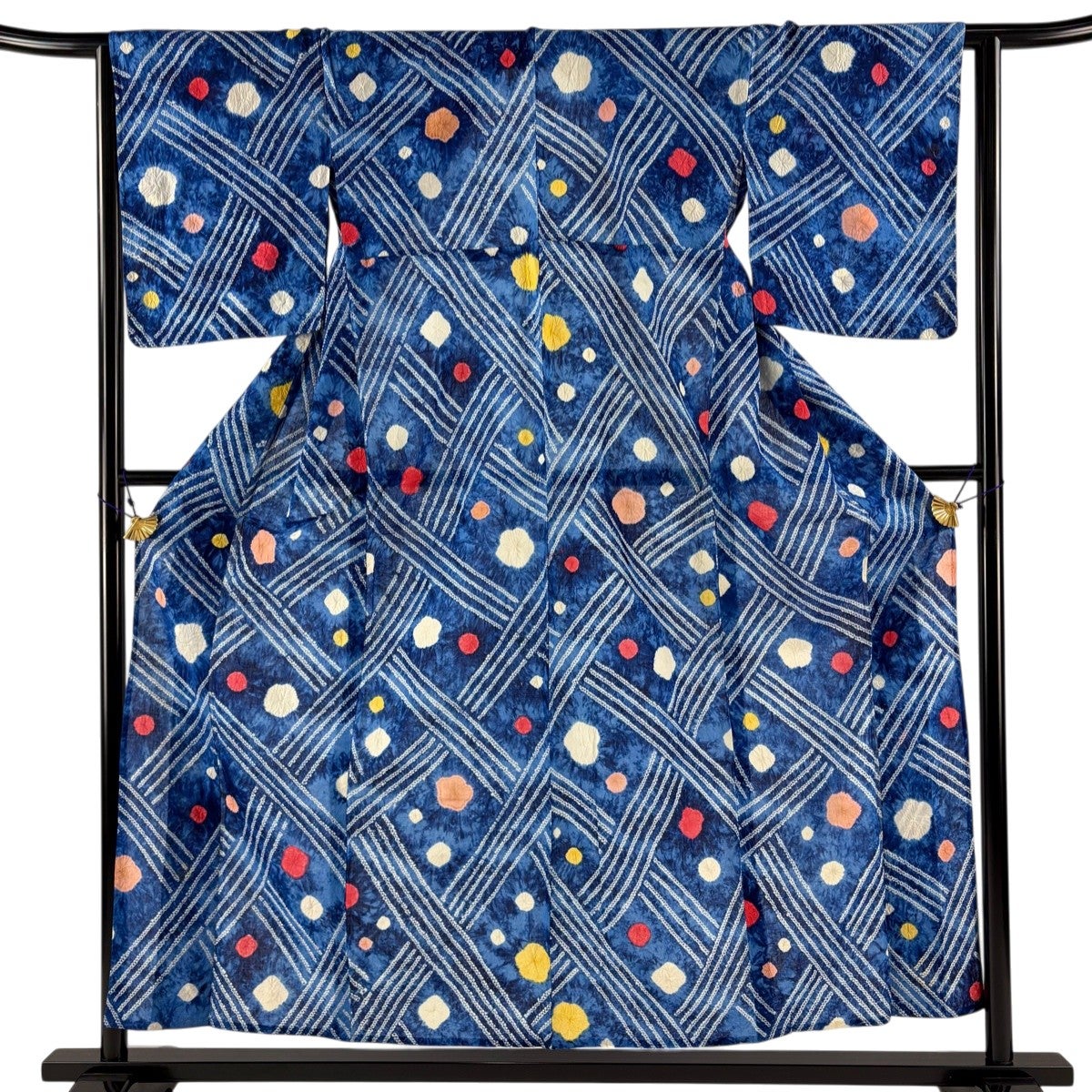 浴衣 身丈158cm 裄丈62cm S 絞り浴衣 花 幾何学 青 綿 名品