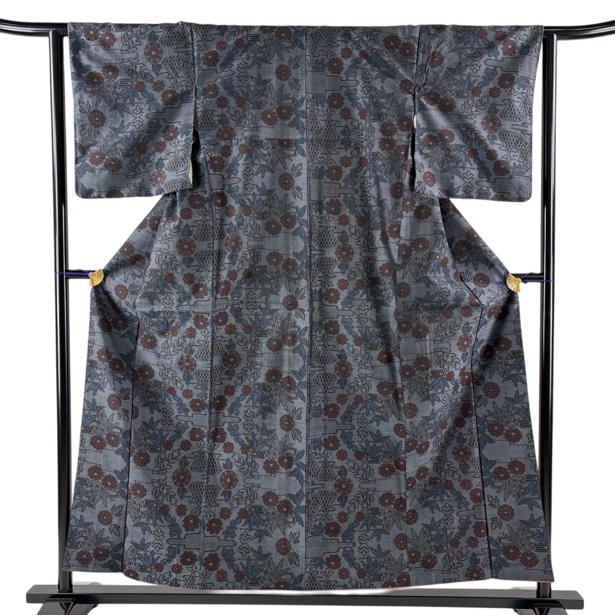 紬 身丈157.5cm 裄丈63cm S 袷 幾何学 黒 正絹 優品｜中古・古着