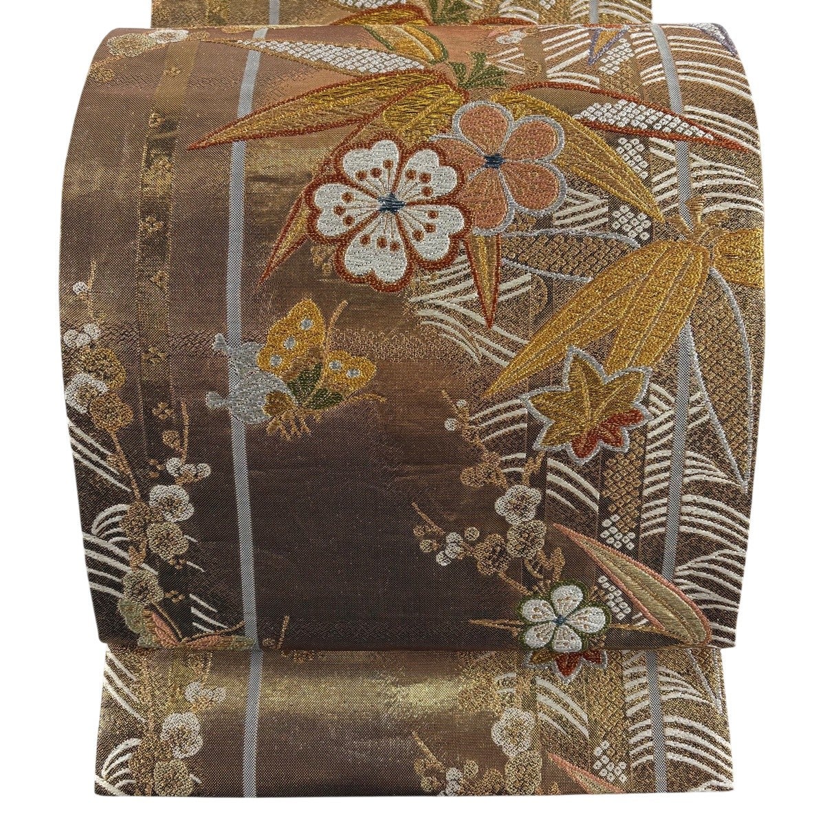 袋帯 秀品 振袖向き 桜 松竹梅 金銀糸 箔 金色 六通 正絹｜中古・古着