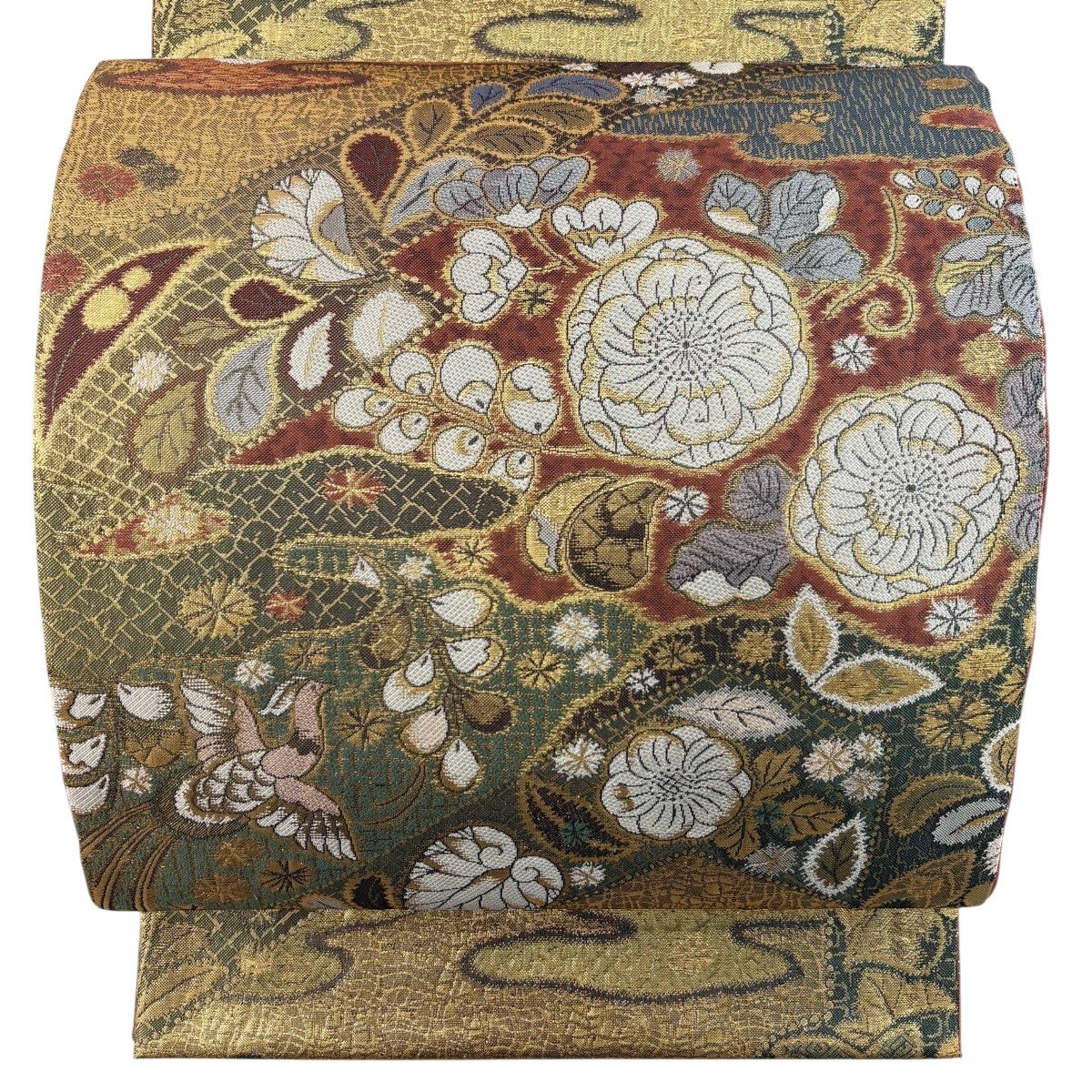 美品】 袋帯 秀品 振袖向き 辻が花柄 草花 金銀糸 箔 灰色 六通 正絹