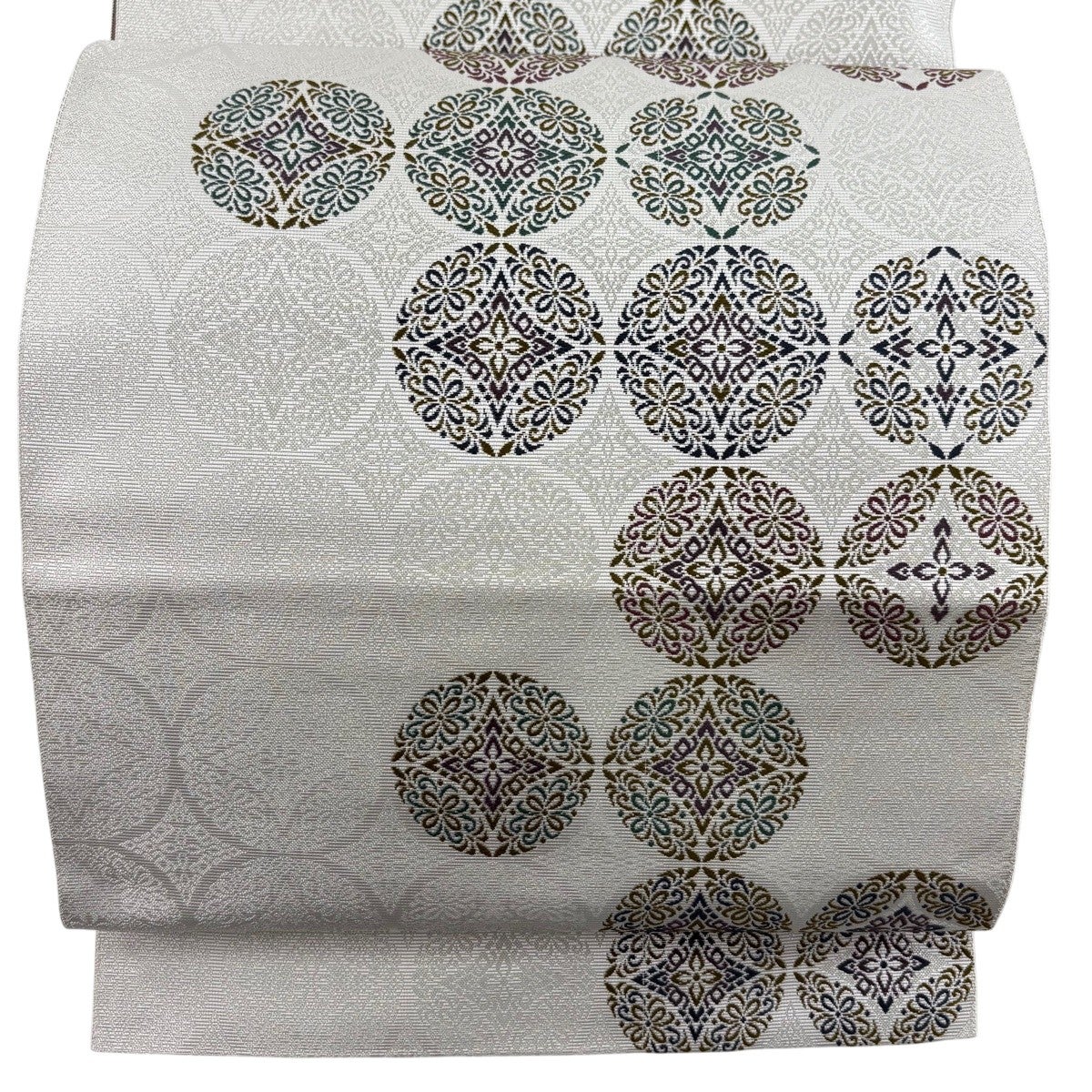 名古屋帯 秀品 八寸名古屋帯 松葉仕立て 華文 灰白 正絹｜中古・古着