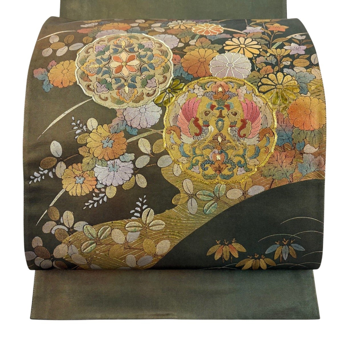 袋帯 秀品 扇面 向かい鳥 金糸 灰色 お太鼓柄 正絹｜中古・古着