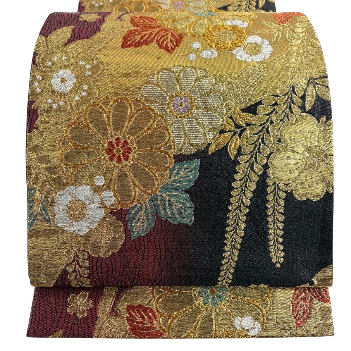 袋帯 美品 秀品 やまと 振袖向き 桜 扇 金糸 箔 紫 六通 正絹 【中古 