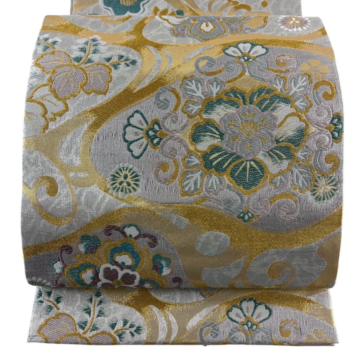 袋帯 美品 草花 六通 正絹 金銀糸 箔 名品 中古 秀品 灰紫 金糸 流水 