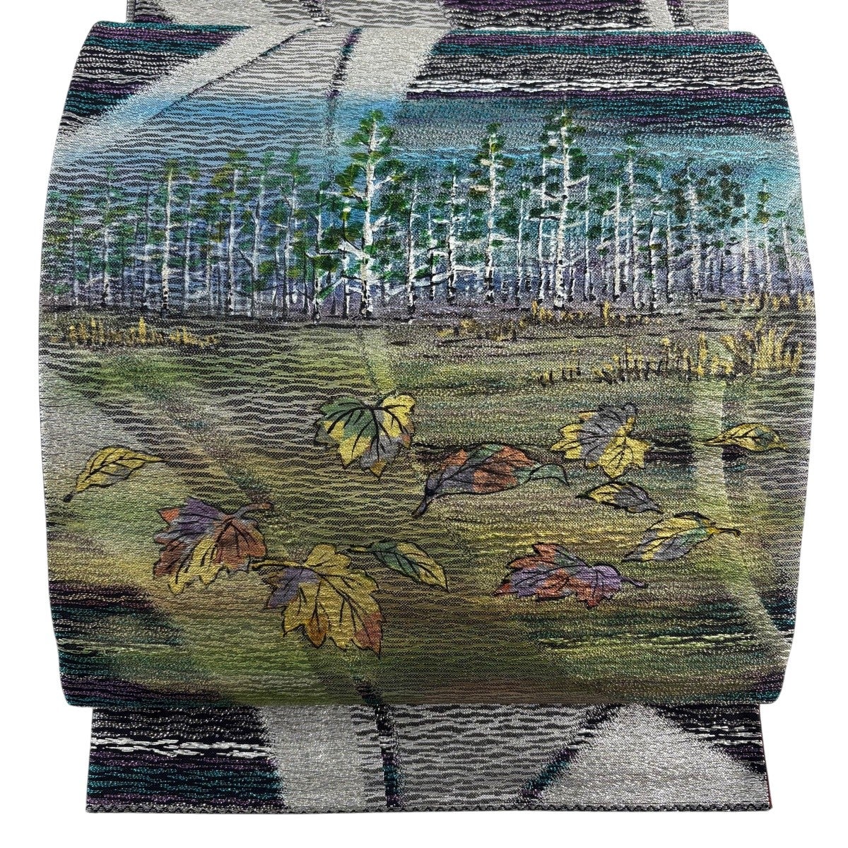 美品】 袋帯 名品 葉 樹木 金彩 箔 薄緑 お太鼓柄 正絹｜中古・古着