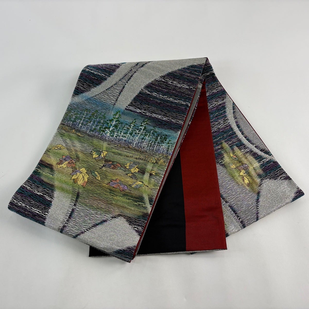 美品】 袋帯 名品 葉 樹木 金彩 箔 薄緑 お太鼓柄 正絹｜中古・古着